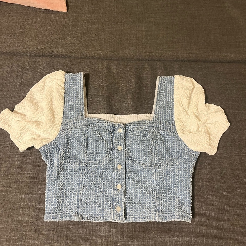 Blue and White Puff Sleeve Crop Top
